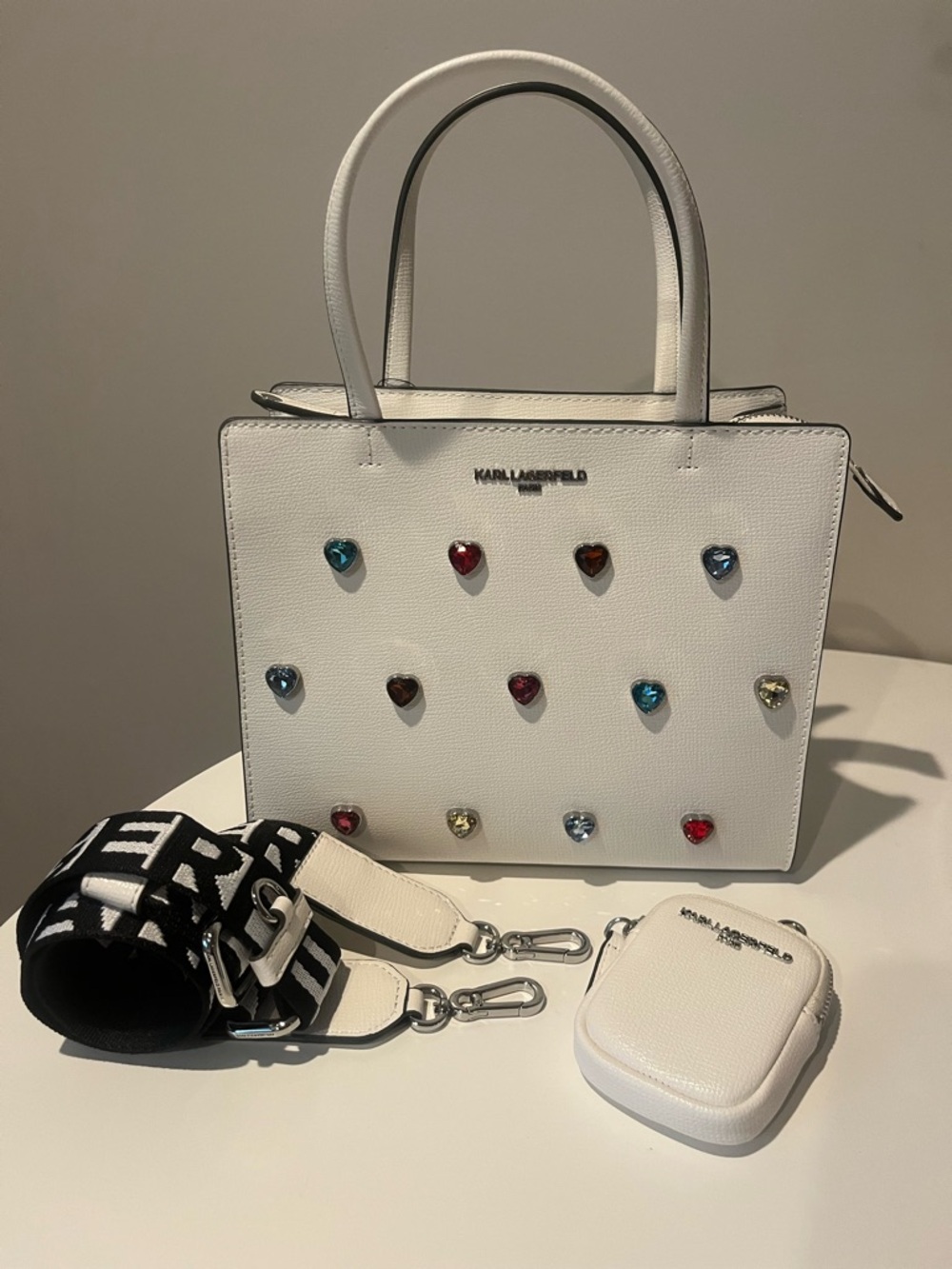 NWT Karl Lagerfeld Paris Maybelle satchel bag with crystal hearts with pouch